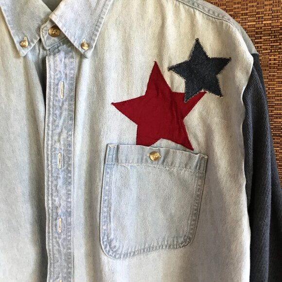 Upcycled Denim Road Trip Shirt: Patchwork Stars, Waffle Knit Sleeves (Unisex XL) - Picture 6 of 12